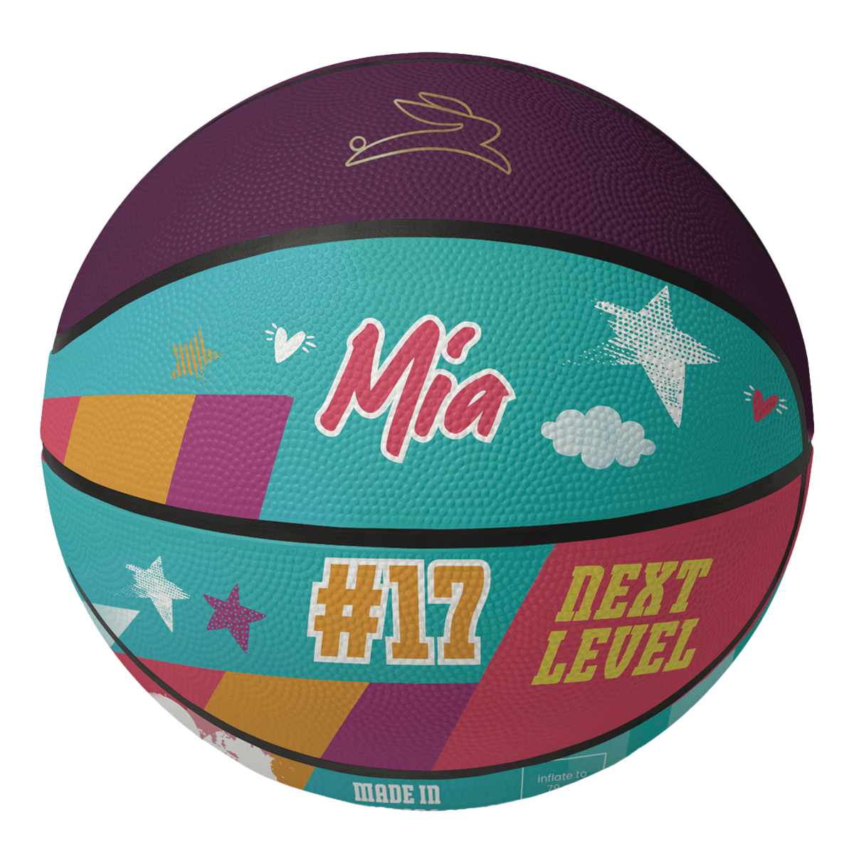 Colourful personalized basketball with text on a transparent background